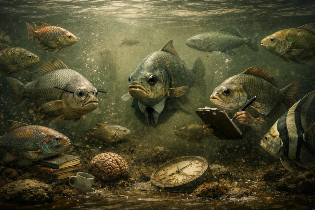 Immagine editoriale per l'articolo "Come pesci nell’acqua torbida: quando lo psicoterapeuticocentrismo diventa normalità, diventa anche invisibile"
