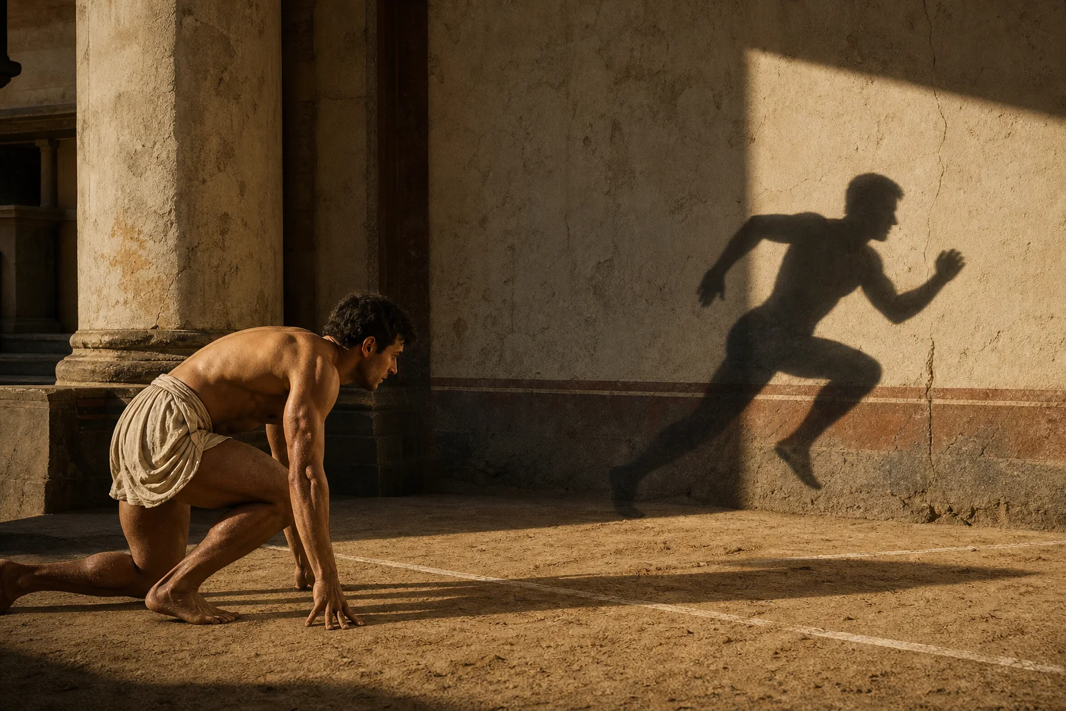 Atleta greco fermo sulla linea di partenza mentre la sua ombra appare già in corsa.