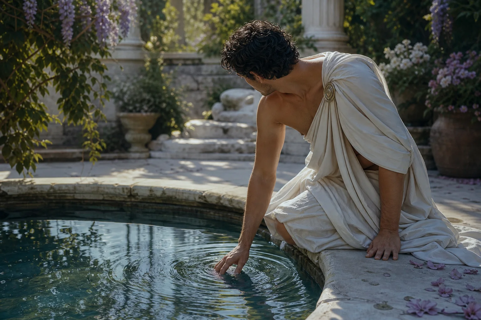 Narciso distoglie lo sguardo dal proprio riflesso mentre increspa l'acqua con la mano.