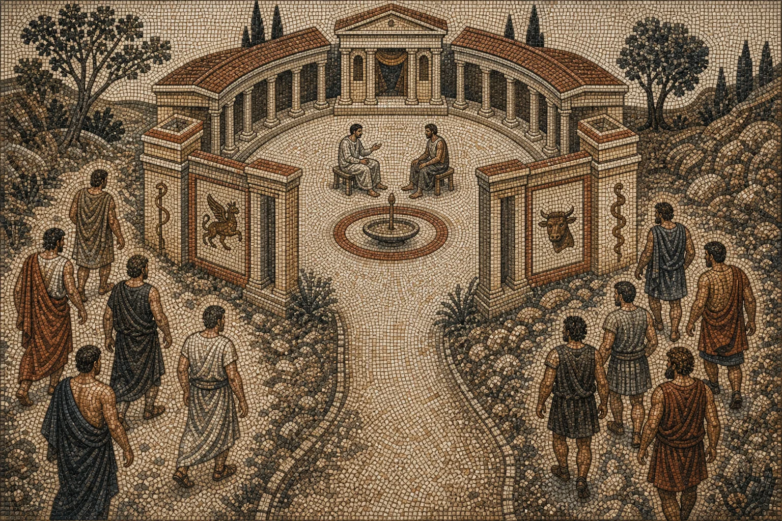 Mosaico ellenistico visto dall'alto con due percorsi distinti che conducono allo stesso santuario.