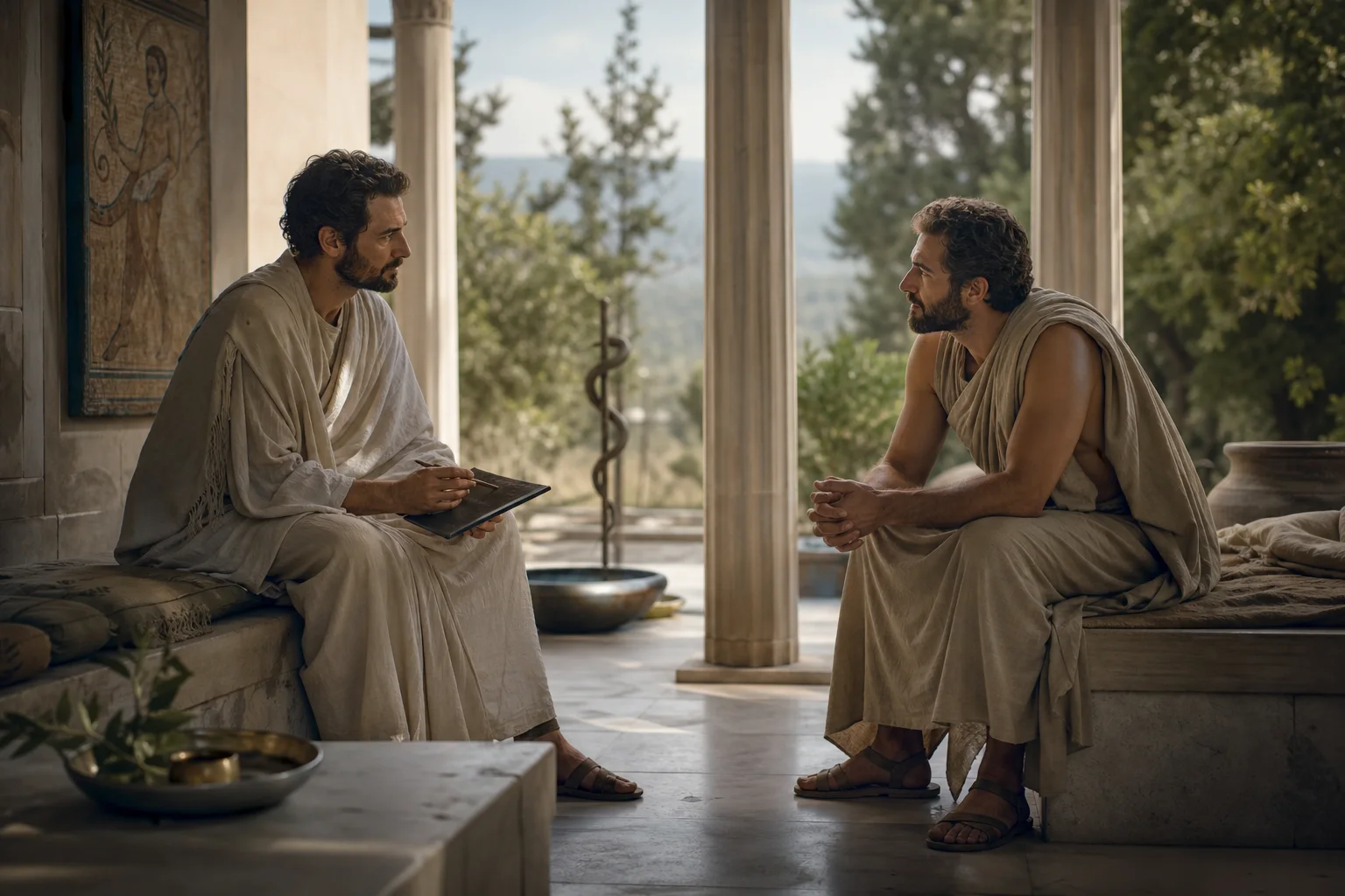 Due adulti dialogano in un Asclepeion, in una scena centrata sulla relazione di cura.